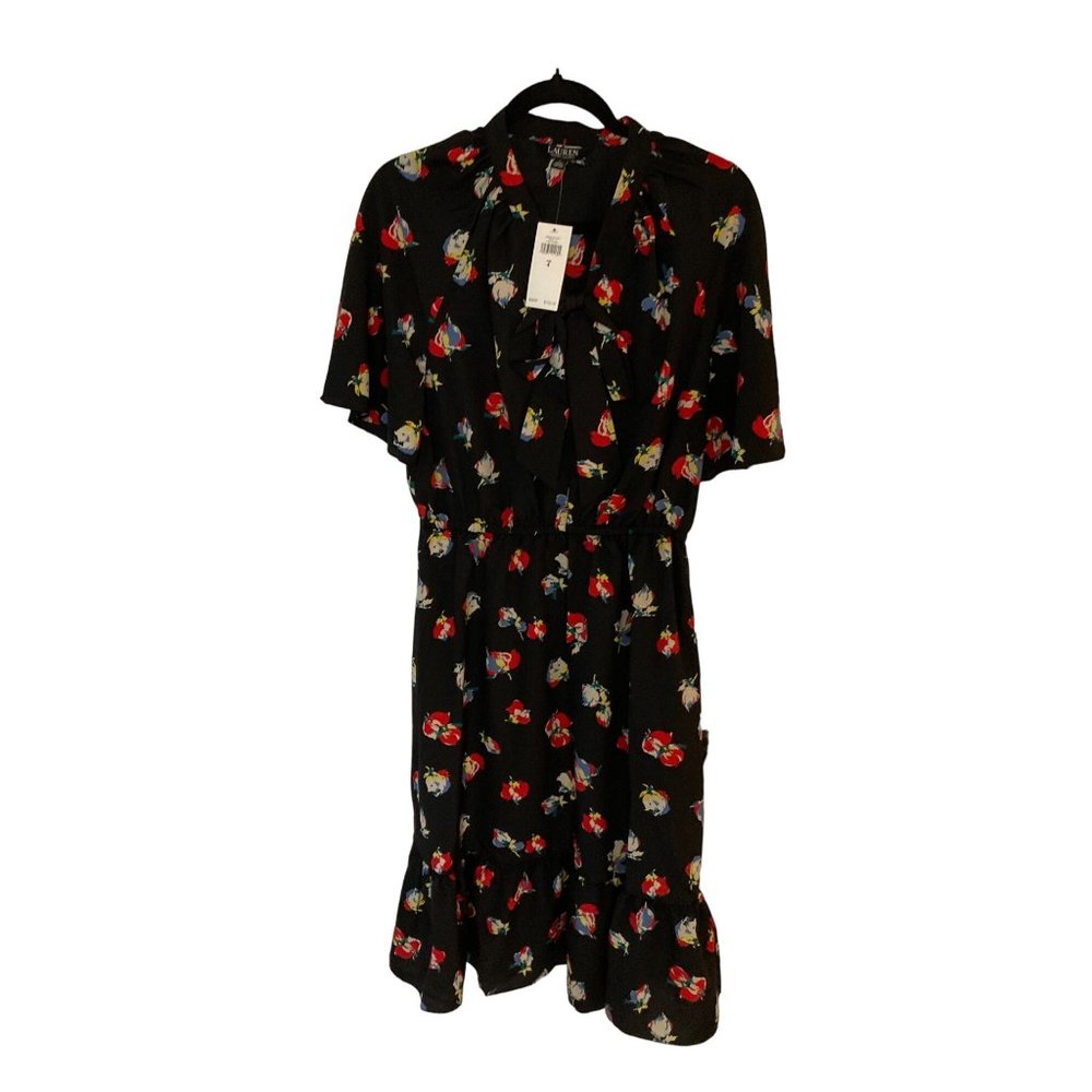 NWT LAUREN RALPH LAUREN FLORAL CREPE TIE-NECK DRESS POLO BLACK /RED Varies - Picture 7 of 9